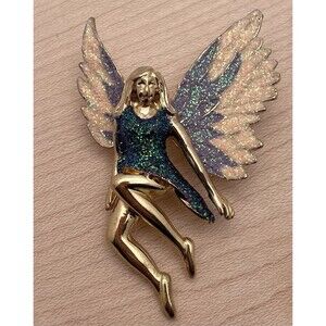 Whimsical Glitter Fairy Angel Gold Tone Brooch Pin Women’ Fashion Jewelry
